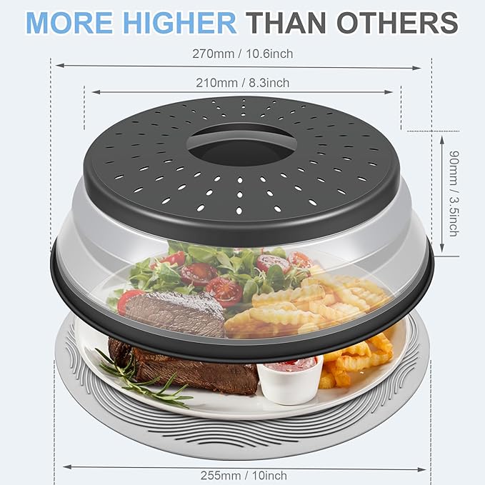 Microwave Food Cover with Collapsible Silicone Mat - Splatter Guard, Plate Holder, Strainer & Kitchen Colander for Cooking Meal Prep,  Plastic Charcoal 10 Inch