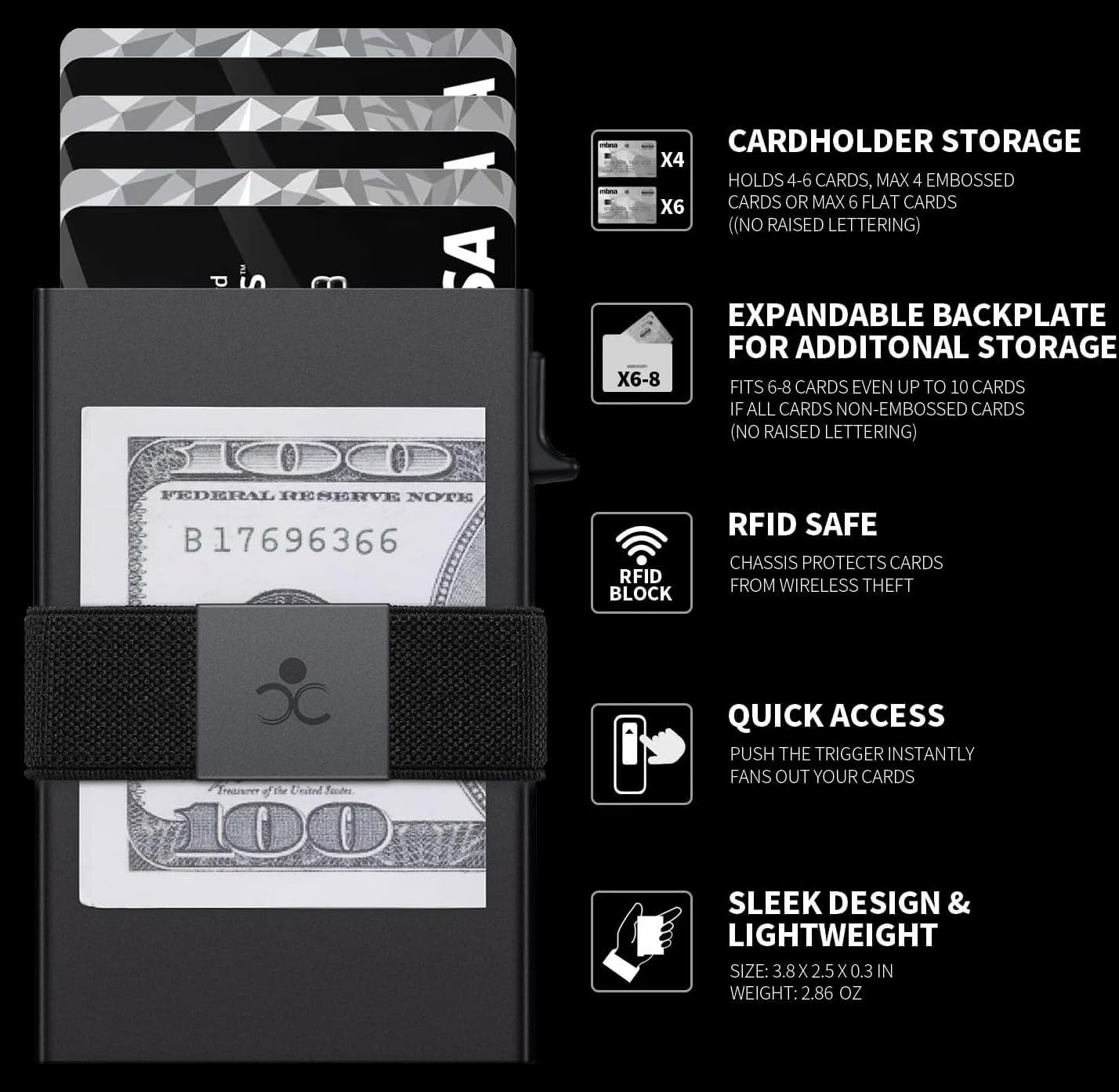 Black Compact and Secure Aluminum Wallet for Men RFID Blocking, Expandable Backplate, Holds 12Plus Cards and Cash Minimalist Pop-Up Design.