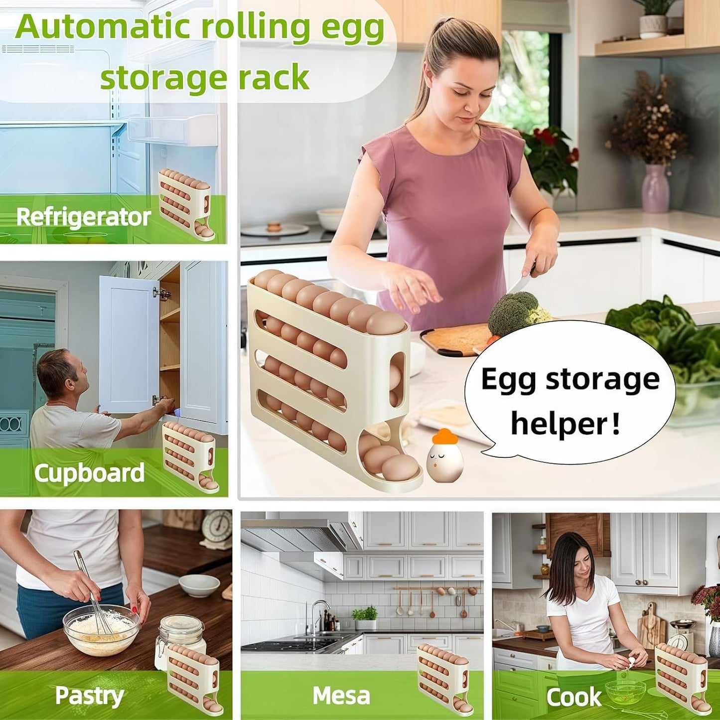 Automatic Egg Holder for Fridge- Space-Saving Automatic Rolling Eggs Dispenser, 4 Tiers Refrigerator  Egg Rack Holds up to 30 pcs Yellow Color (1 Count ‎12.99"D x 3.14"W x 7"H)