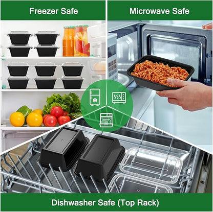 50 Pack (100-Piece) 24 oz Meal Prep Containers  with Lids, Reusable  Plastic Food Storage Boxex  Stackable  Leakproof & Food Safe, Microwave, Freezer, Dishwasher Safe Color Black 7.4"L x 5"W x 2"H