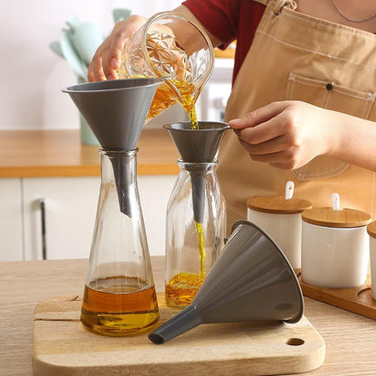 Plastic Kitchen Funnel Set of 3, Durable Round  Funnels for  Bottles, high-quality PP plastic material, Cooking Lab Use, Gray 4.4"x5.8"