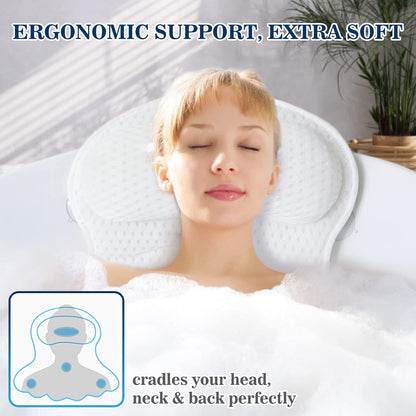 Luxury Bath Pillow for Tub - Soft 4D Mesh Bathtub Headrest with Neck & Back Support, 6 Non-Slip Suction Cups - Spa Relaxation Gift