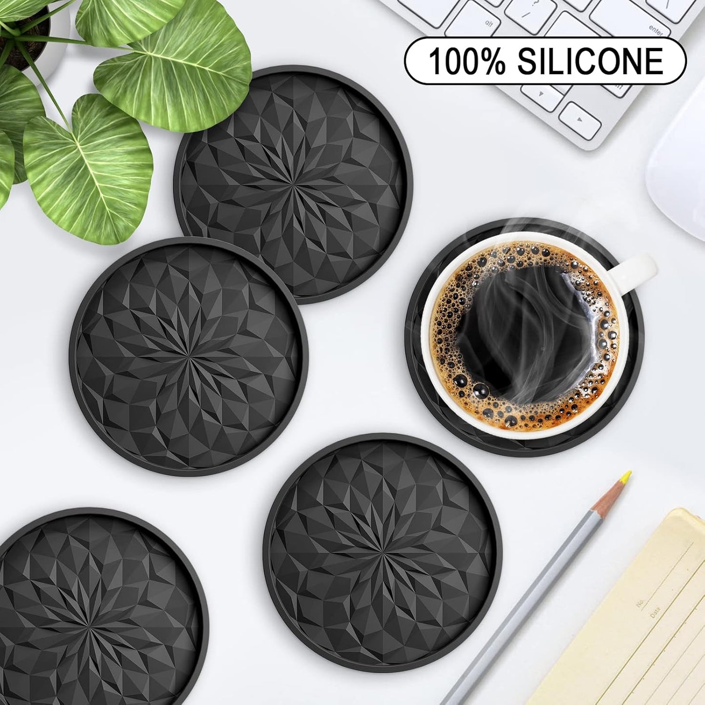 Silicone Drink Coasters [6-Pack] with Holder - Thick, Non-Slip Cup Mats for Hot & Cold Drinks, Deep Tray Design - Black
