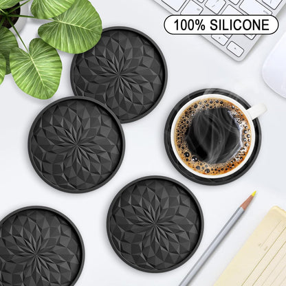 Silicone Drink Coasters [6-Pack] with Holder - Thick, Non-Slip Cup Mats for Hot & Cold Drinks, Deep Tray Design - Black