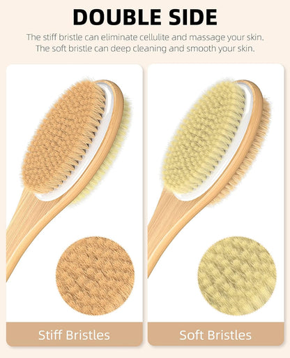 Dual-Sided Shower Brush with Soft & Stiff Bristles - Long Handle Back Scrubber & Body Exfoliator