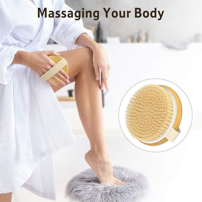 2-Pack Bamboo Dry Body Brushes - Dual-Sided Soft & Stiff Bristles for Wet & Dry Brushing, Suitable for All Kinds of Skin
