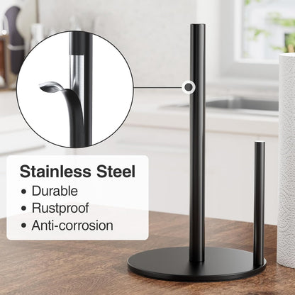 Black Paper Towel Holder - Countertop Roll Organizer with Weighted Base, and Premium Stainless Steel Kitchen Dispenser.