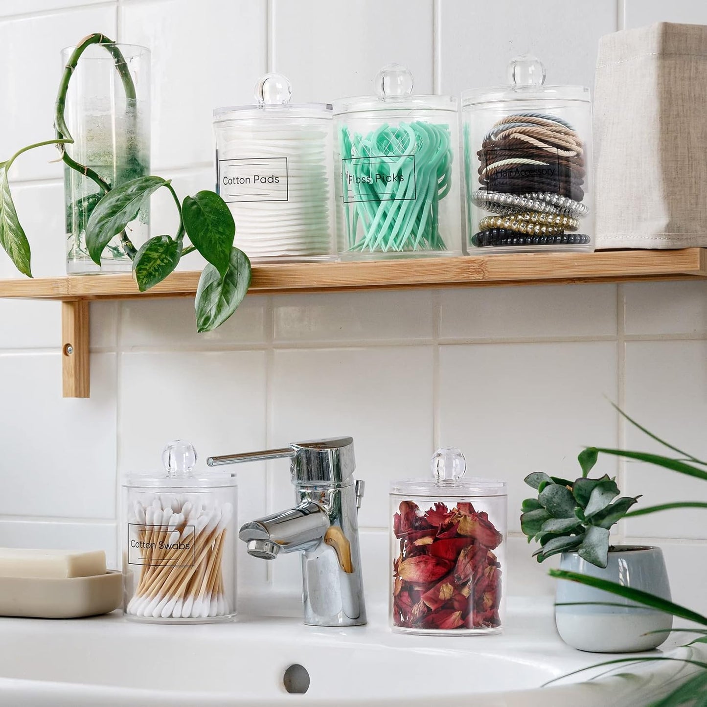 4-Pack Clear Acrylic Q-tip & Cotton Swab Holder Set - Bathroom Vanity Organizer for Cotton Balls, Pads & Floss Picks