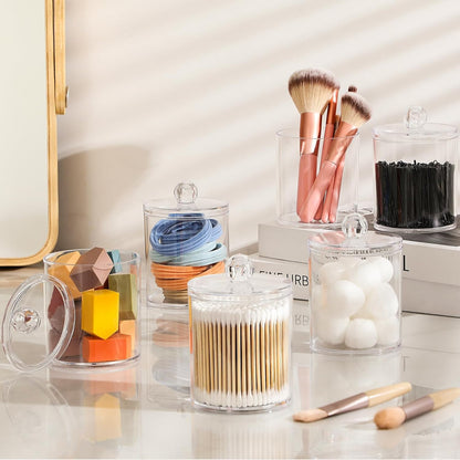 4-Pack Clear Acrylic Q-tip & Cotton Swab Holder Set - Bathroom Vanity Organizer for Cotton Balls, Pads & Floss Picks