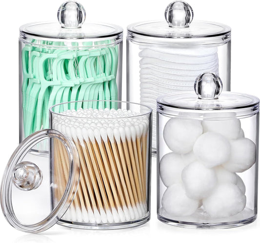 4-Pack Clear Acrylic Q-tip & Cotton Swab Holder Set - Bathroom Vanity Organizer for Cotton Balls, Pads & Floss Picks