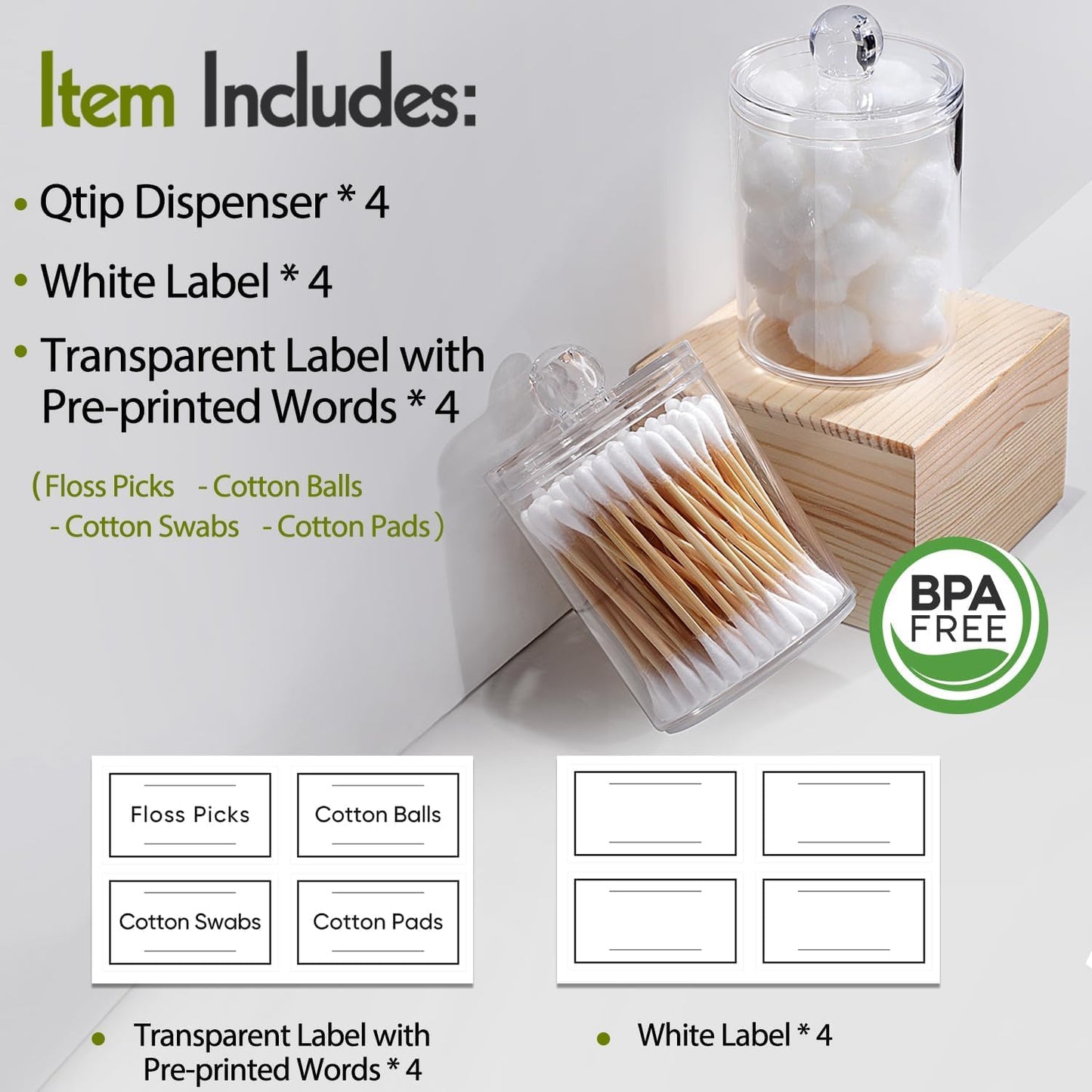 4-Pack Clear Acrylic Q-tip & Cotton Swab Holder Set - Bathroom Vanity Organizer for Cotton Balls, Pads & Floss Picks