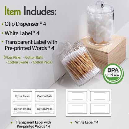 4-Pack Clear Acrylic Q-tip & Cotton Swab Holder Set - Bathroom Vanity Organizer for Cotton Balls, Pads & Floss Picks