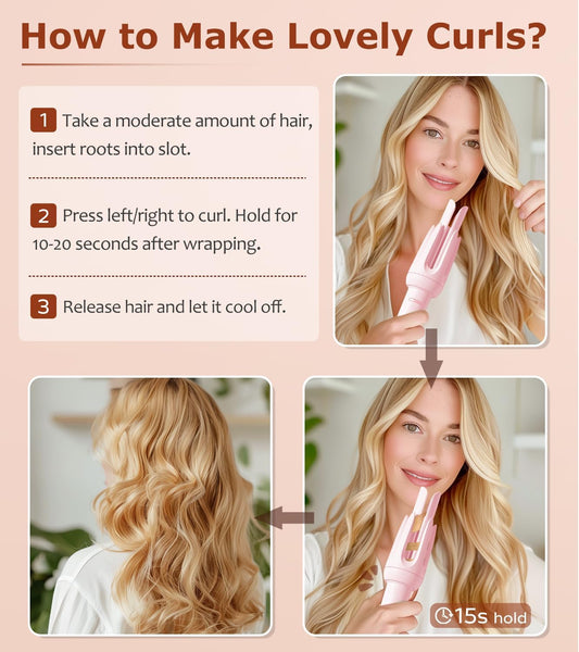 Automatic Hair Curler,  Auto-Rotating Curling Iron with 4 Heat Settings and 3 Timer Modes, Anti-Tangle, Anti-Scald, Auto Shut-Off, Damage-Free Styling Tool for Medium to Long Hair (Pink)