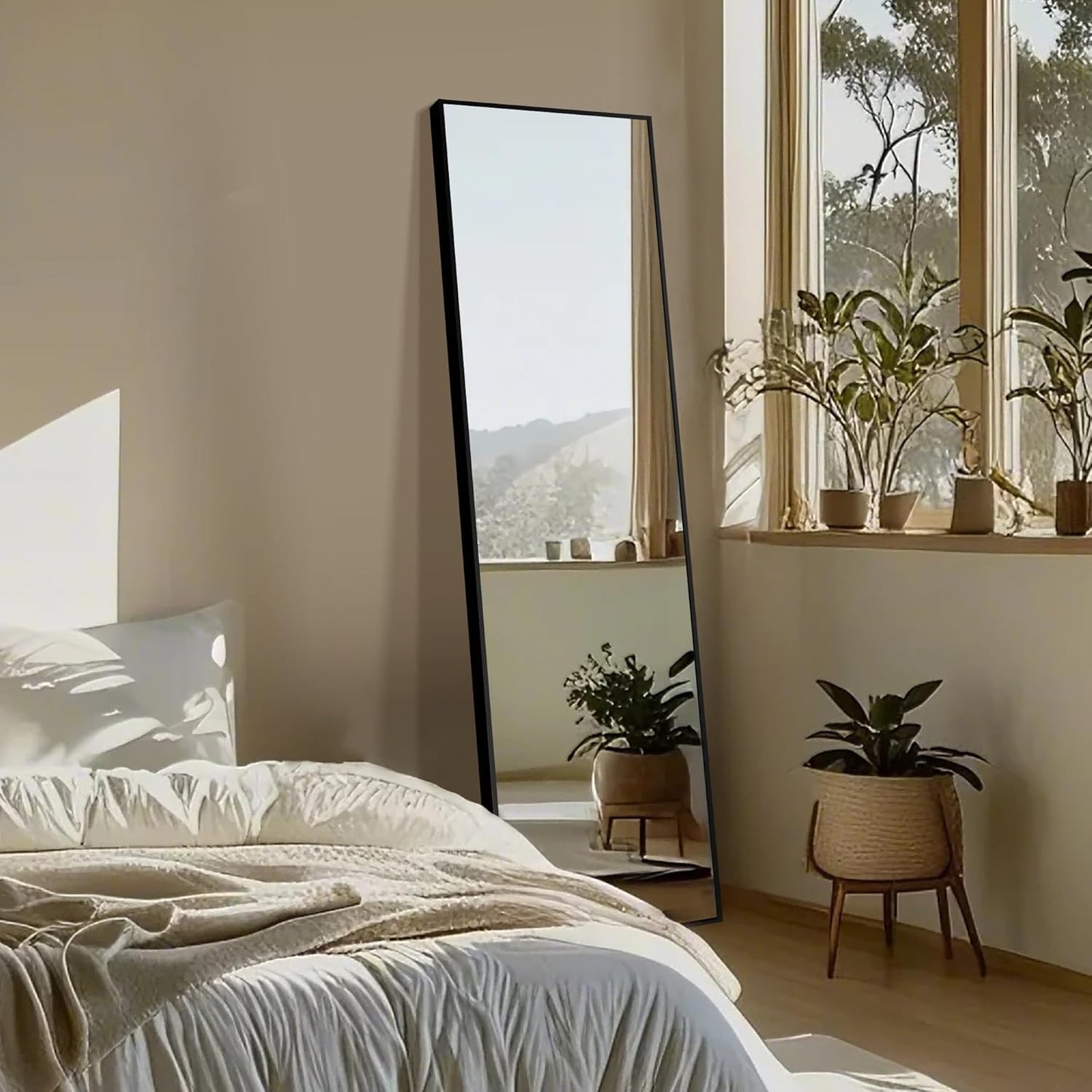 Full Length Wall Mirror with stand, 56”x15”, Standing Mirror Full Body, Aluminum Alloy Frame Full Body Mirror, Standing Hanging or Leaning Against Wall for Bedroom and Living Room (Black).