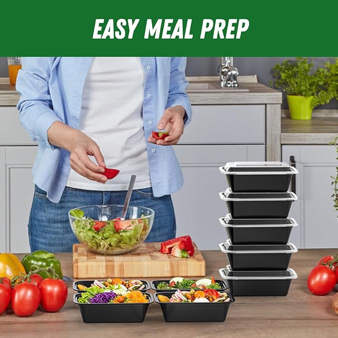 50 Pack (100-Piece) 24 oz Meal Prep Containers  with Lids, Reusable  Plastic Food Storage Boxex  Stackable  Leakproof & Food Safe, Microwave, Freezer, Dishwasher Safe Color Black 7.4"L x 5"W x 2"H