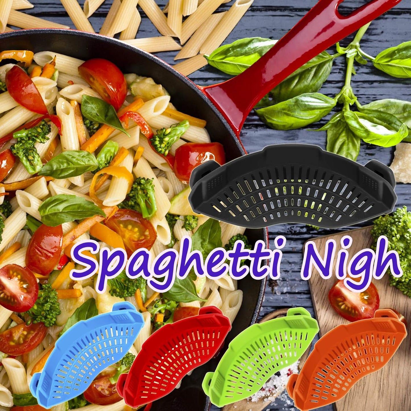 Clip On Strainer Silicone for All Pots and Pans, Pasta Strainer Clip on Food Strainer for Meat Vegetables Fruit-Silicone Drainer Kitchen Colander Color Black