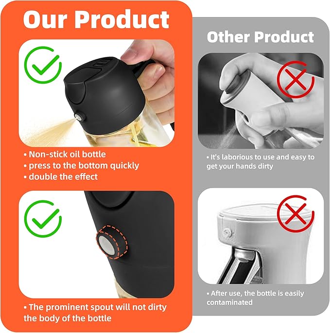 Glass Olive Oil Sprayer Bottle for Cooking – 2 in 1 Olive Oil Dispenser  and Kitchen Gadgets for Air Fryer Accessories, Salad,  Frying BBQ  Black 16oz/470ml
