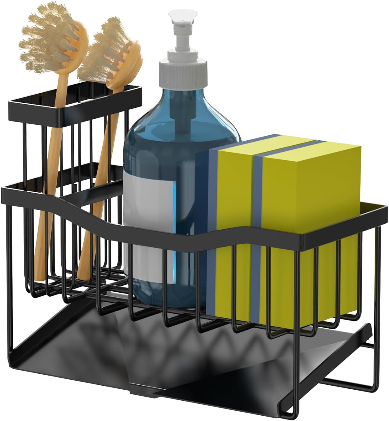 Kitchen Sink Caddy Sponge and Brush Holder with Rustproof Stainless Steel Self-Draining Tray, Sink Organizer for Sponge, Soap Dispenser and Cleaning Accessories.