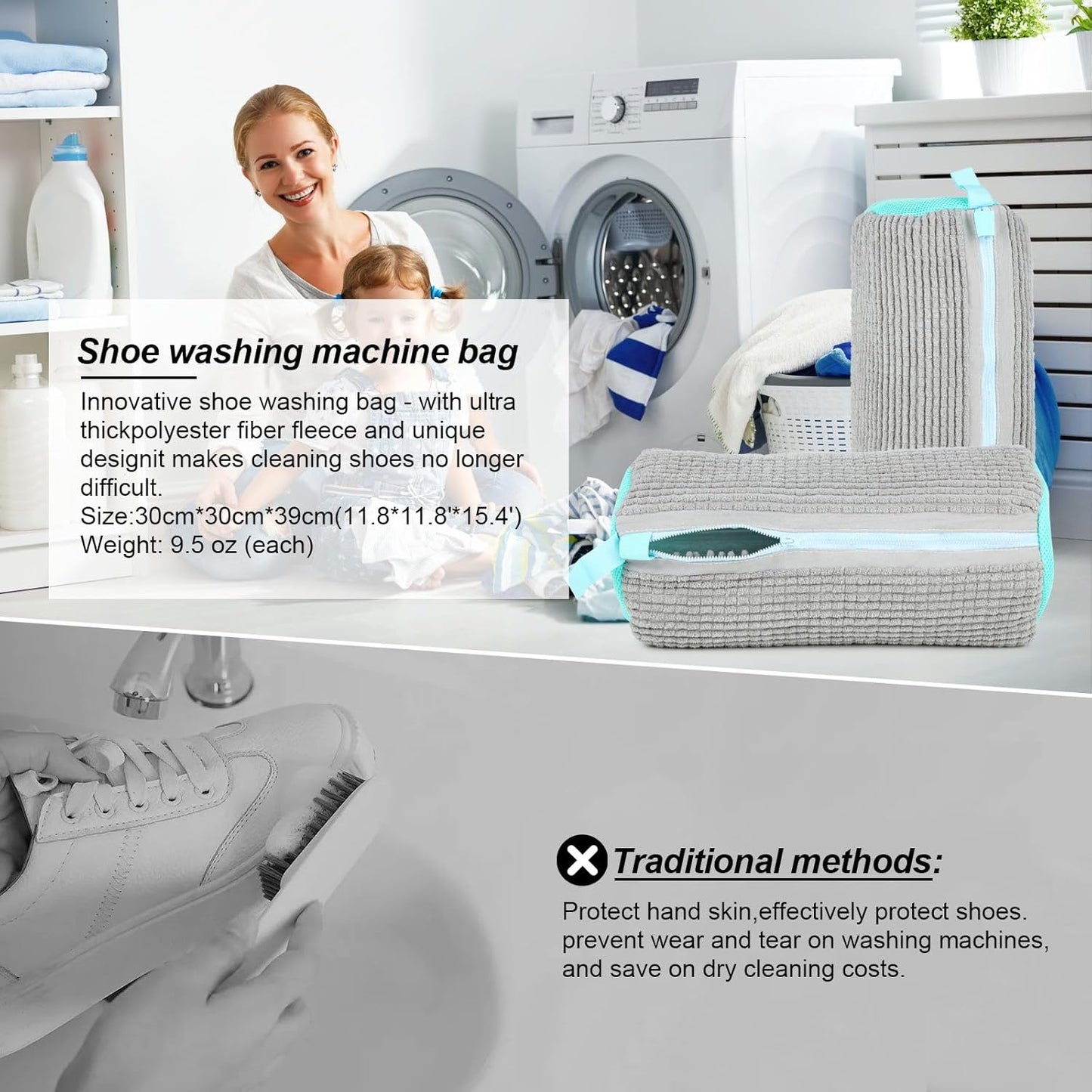 Shoe Washing Machine Bag (2 Pack) - Sneaker Laundry Bag for Washer, Reusable Mesh Shoe Cleaner Protector, Durable Chenille Fiber for Sneakers, Canvas, Sports & Kids Shoes, Prevents Damage & Scuffs