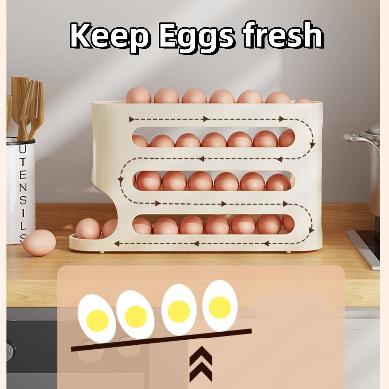 Automatic Egg Holder for Fridge- Space-Saving Automatic Rolling Eggs Dispenser, 4 Tiers Refrigerator  Egg Rack Holds up to 30 pcs Yellow Color (1 Count ‎12.99"D x 3.14"W x 7"H)