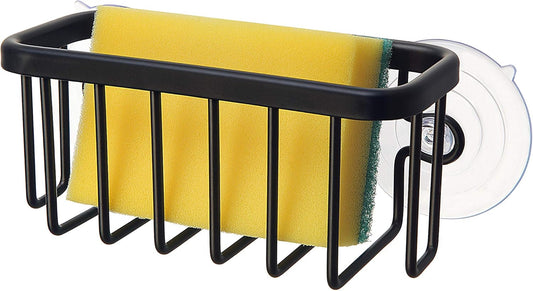 SunnyPoint NeverRust Kitchen & Bathroom Sink Caddy for Sponges, Scrubbers, and Soap, 6" x 2.5" x 2.75", with Adhesive Mount and Additional Suction Cup - Aluminum (Black)