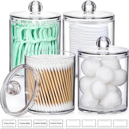 4-Pack Clear Acrylic Q-tip & Cotton Swab Holder Set - Bathroom Vanity Organizer for Cotton Balls, Pads & Floss Picks