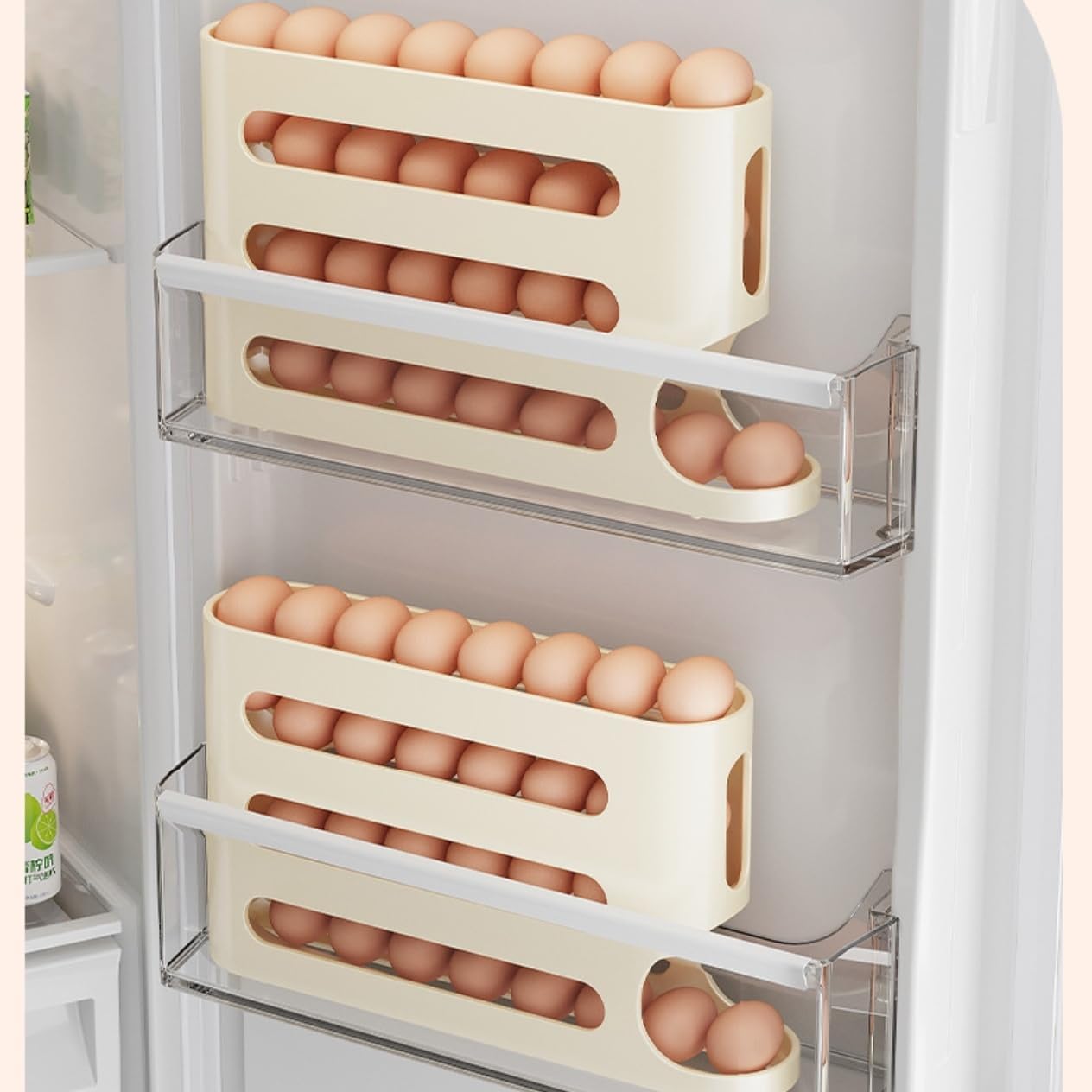 Automatic Egg Holder for Fridge- Space-Saving Automatic Rolling Eggs Dispenser, 4 Tiers Refrigerator  Egg Rack Holds up to 30 pcs Yellow Color (1 Count ‎12.99"D x 3.14"W x 7"H)