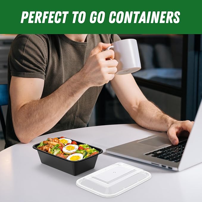 50 Pack (100-Piece) 24 oz Meal Prep Containers  with Lids, Reusable  Plastic Food Storage Boxex  Stackable  Leakproof & Food Safe, Microwave, Freezer, Dishwasher Safe Color Black 7.4"L x 5"W x 2"H