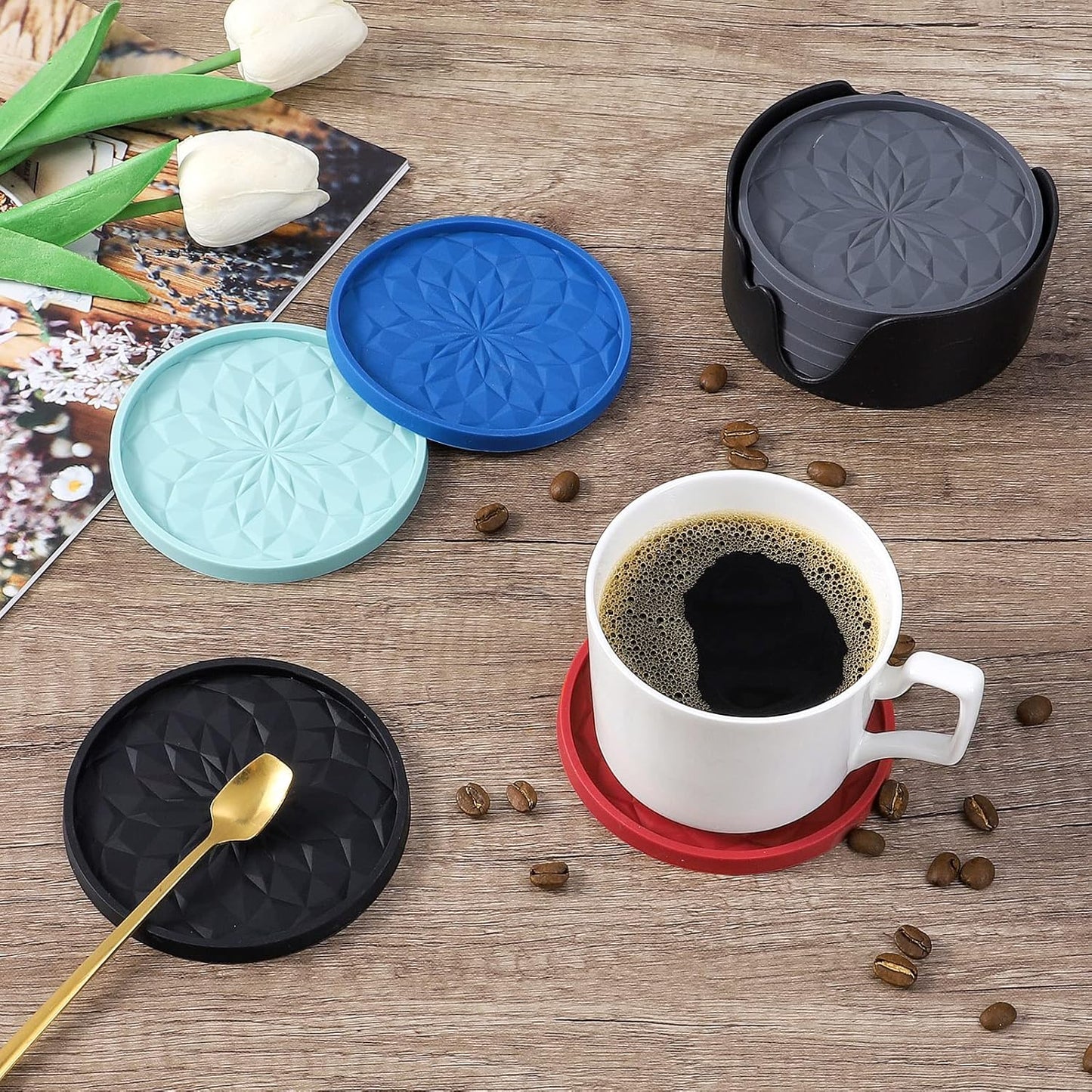 Silicone Drink Coasters [6-Pack] with Holder - Thick, Non-Slip Cup Mats for Hot & Cold Drinks, Deep Tray Design - Black