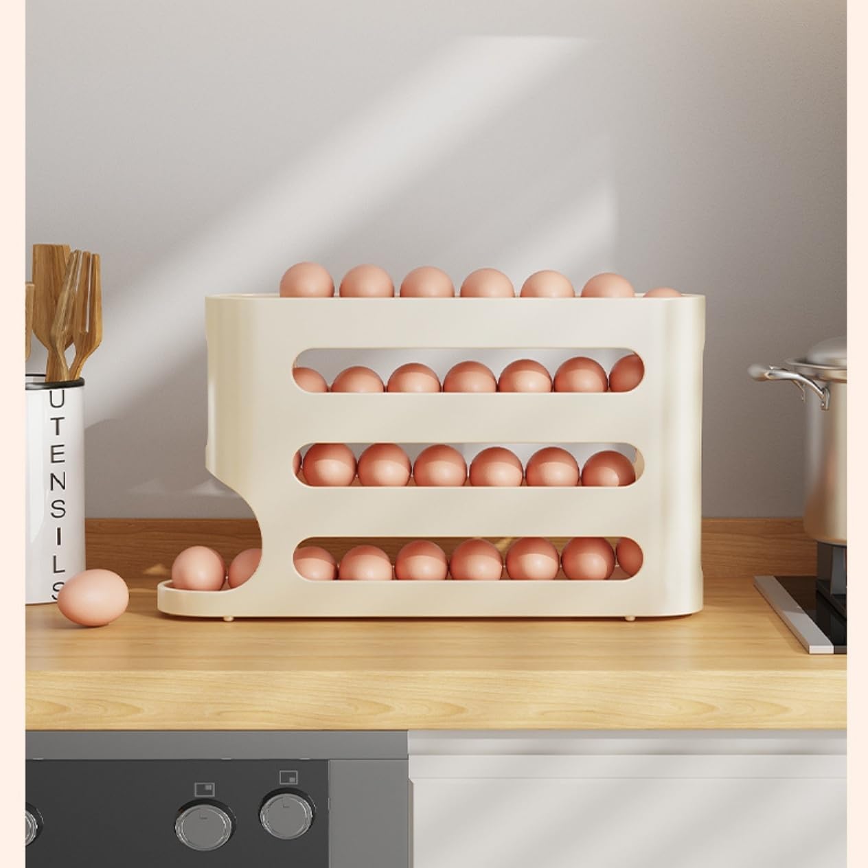 Automatic Egg Holder for Fridge- Space-Saving Automatic Rolling Eggs Dispenser, 4 Tiers Refrigerator  Egg Rack Holds up to 30 pcs Yellow Color (1 Count ‎12.99"D x 3.14"W x 7"H)