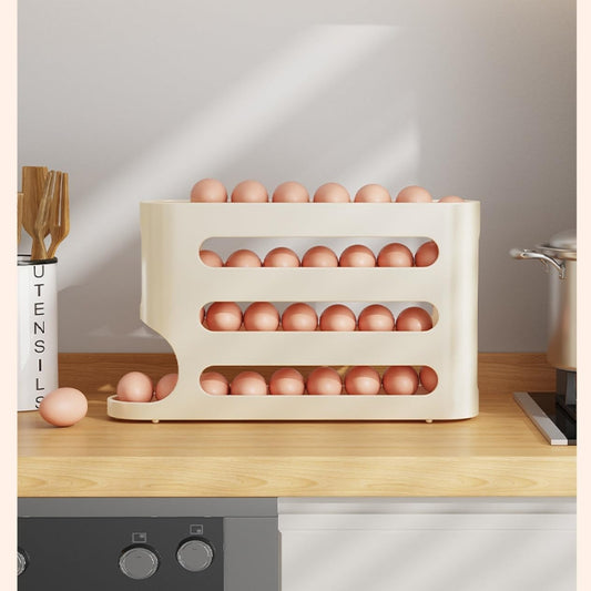 Automatic Egg Holder for Fridge- Space-Saving Automatic Rolling Eggs Dispenser, 4 Tiers Refrigerator  Egg Rack Holds up to 30 pcs Yellow Color (1 Count ‎12.99"D x 3.14"W x 7"H)