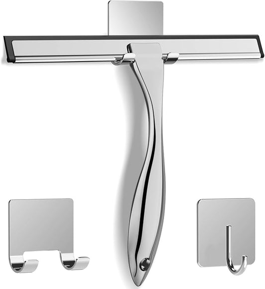 Stainless Steel Shower Squeegee 10 Inch Bathroom Glass Door Cleaner with 2 Adhesive Hooks, Bathroom Cleaner Tool Household Window Mirror Squeegee , Cleaning Tile Wall, Car, Color Silver